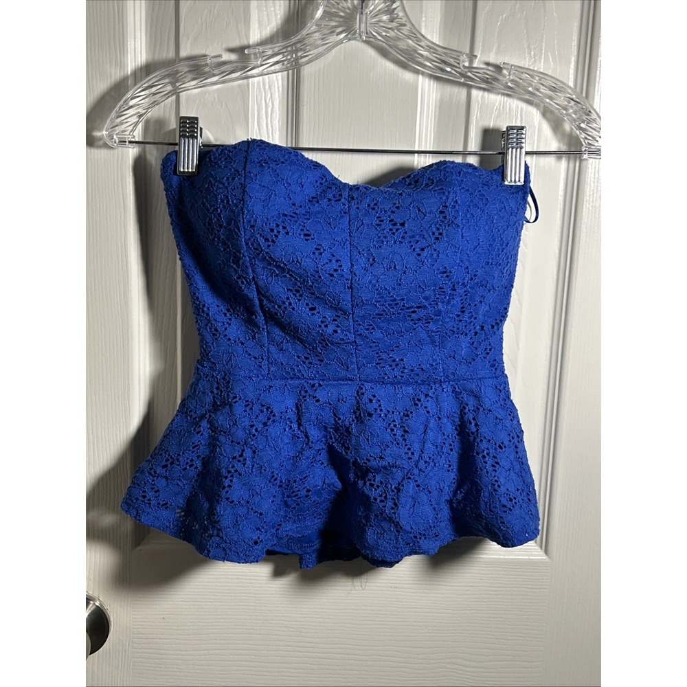 Ambiance Apparel Strapless Blue Crochet Ruffle Tube Top Lined Women's Size M